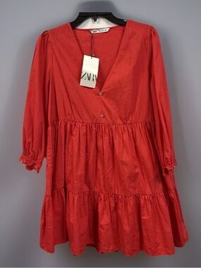 Zara Coral V-Neck Tiered Mini Dress Size Small
